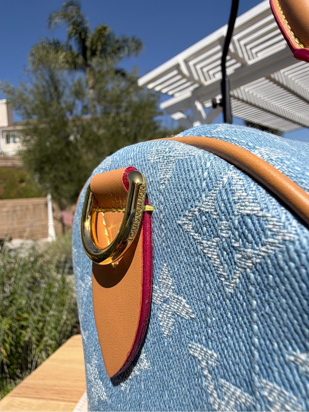 NEW LV Print Speedy Denim Monogram Satchel HandBag Blue Tan & Gold Lock Key - Picture 10 of 16